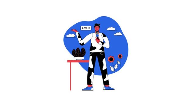 Animated live streamer with microphone presenting in vector illustration