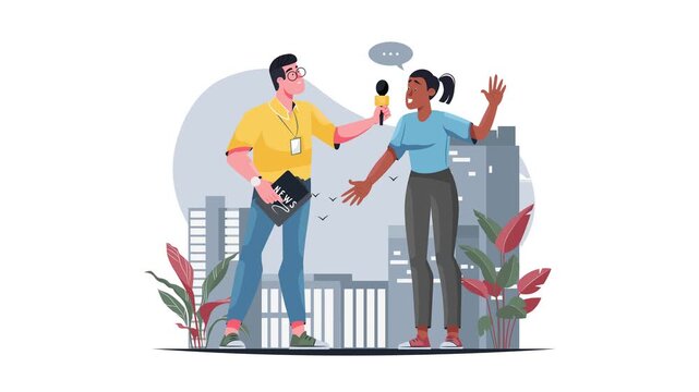 Flat vector animation of reporter interviewing woman outdoors in cityscape