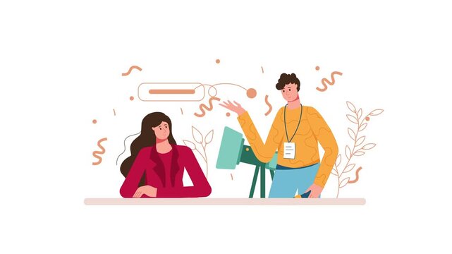 Flat animation of two creators recording a video interview in studio