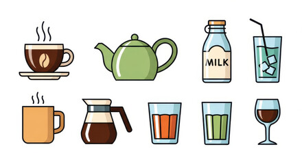 Obraz premium Vector set of beer bottles and drinks featuring glass bottle and jar containers alongside a cafe beverage icon set with a coffee mug, tea cup, and breakfast milk for kitchen art design