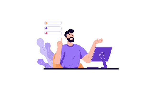 Bearded man using computer with dollar coin and checklist vector illustration