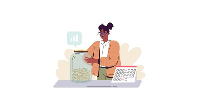 Animated woman managing savings and financial planning with coin jar