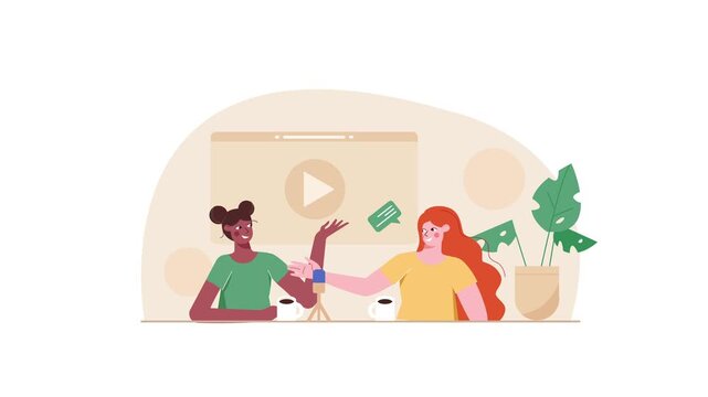 Animated two women recording a podcast interview with microphones