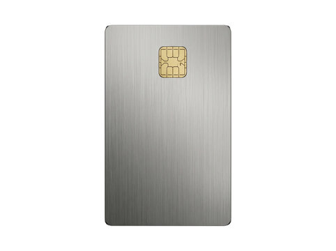Premium vertical brushed titanium credit card with gold chip 3D illustration isolated on gray background