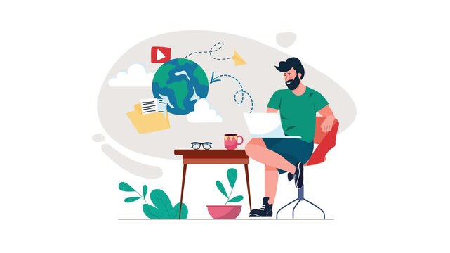 Flat animation of man working on laptop with cloud media and globe icons
