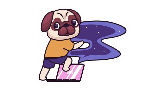 Cute cartoon pug waving blue flag beside pink laptop on white background