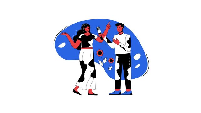 Animated woman and man presenting with microphone in abstract blue scene