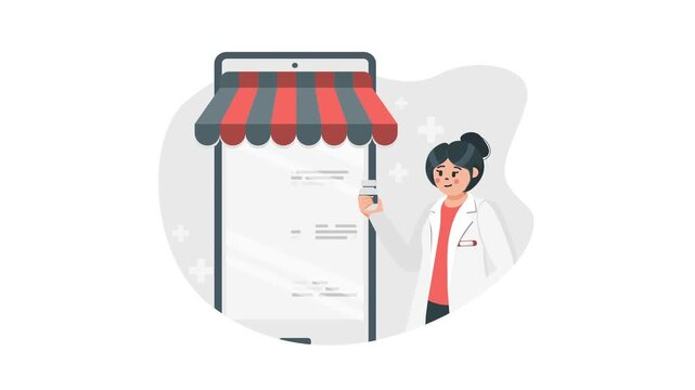 Animated female pharmacist presenting online pharmacy on smartphone