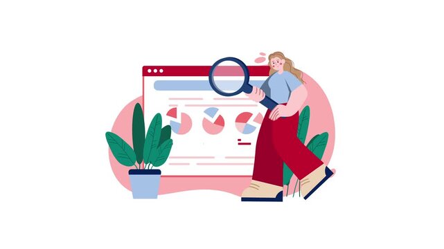 Woman analyzing web analytics dashboard with magnifying glass illustration