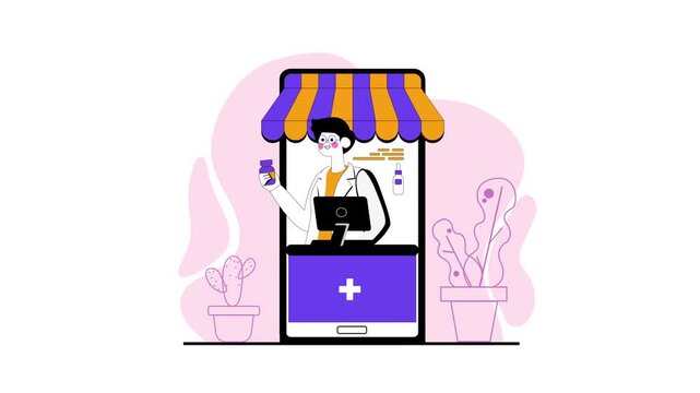 Animated online pharmacy storefront with pharmacist on smartphone