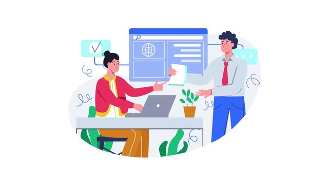 Animated flat illustration of two professionals exchanging documents in office