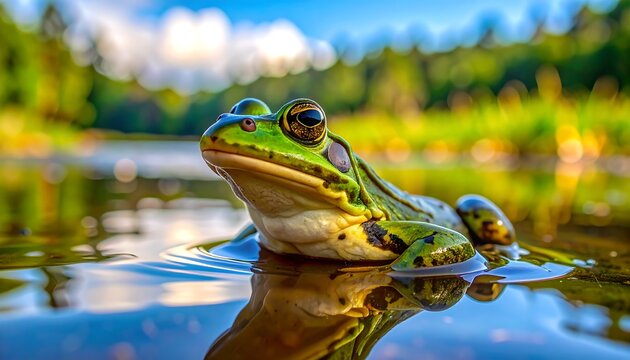 Green frog in water looking up.