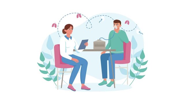 Doctor and patient during spirometry lung test in clinic animation
