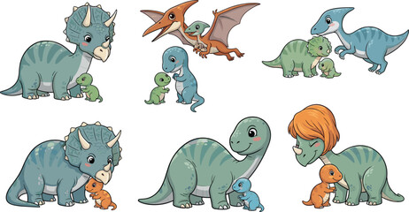 Cute Dinosaur Family Collection with Baby Dinos, Cartoon Prehistoric Animals in Playful Poses on White Background © MSTRazia