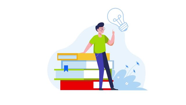 Creative student standing by stack of books with idea light bulb animation