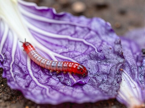 Close-up of a Red Wiggler Compost Worm on Purple Cabbage Leaf