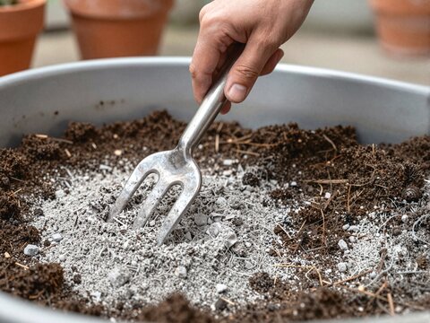 Hand Mixing Wood Ash into Compost Bin with Fork