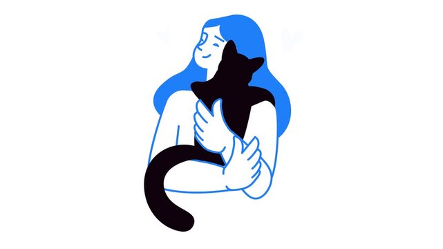 Minimalist animated woman hugging black cat in blue line art illustration