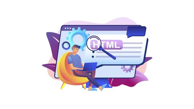 Animated HTML web development illustration with programmer and laptop