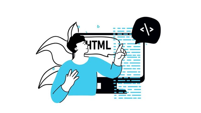 Animated web developer pointing at HTML code on digital screen