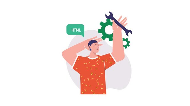 Animated web developer fixing HTML code with wrench and gears