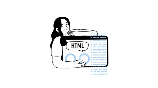 Animated woman hugging HTML code panel for web development concept