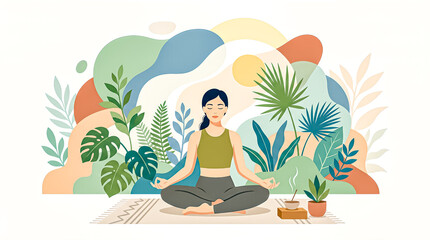 Fototapeta premium Contemporary flat illustration of a person practicing meditation in a serene environment with plants and abstract shapes, using minimal design and soft tones for wellness themes.
