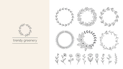 Obraz premium A collection of hand drawn floral wreaths and botanical elements displayed in grayscale suitable for design projects and invitations high quality professional detailed modern elegant stylish