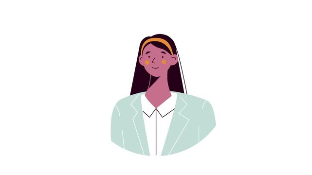 Animated flat vector portrait of smiling young woman in mint blazer