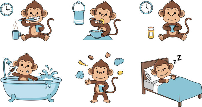 Cute Monkey Daily Routine Vector Set Featuring Six Scenes of Monkey Brushing Teeth, Washing Hands, Bathing, Drinking, Playing, and Sleeping Cartoon Style Isolated on White Background