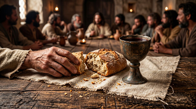 Man reaching for bread on table during historical gathering scene  