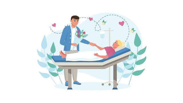 Romantic hospital visit animation of man holding flowers by patient bed