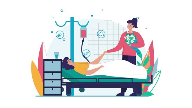 Flat animation of nurse helping patient in hospital bed with IV drip