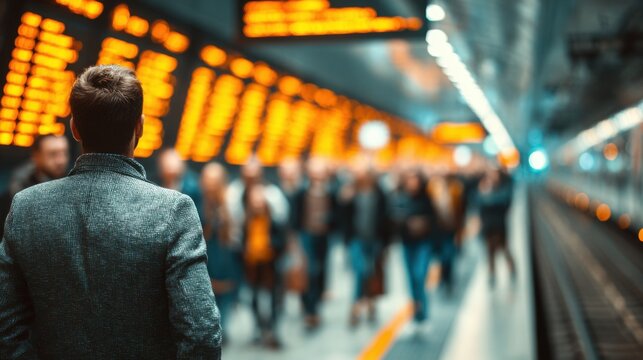Crowd waits for train as information board shows arrival and departure times in busy railway station