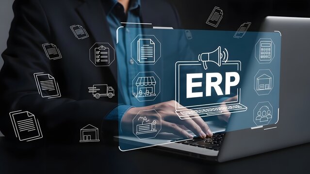 Businessman using laptop with erp enterprise resource planning software interface and icons floating around