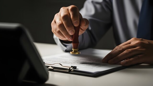 Man in business attire using a rubber stamp on a document on a clipboard