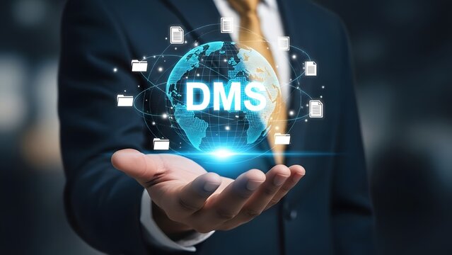 Man in business suit holding dms document management system globe in his hand