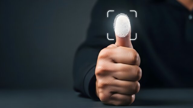 Man's hand gives a thumbs up with a digital fingerprint scan hovering above