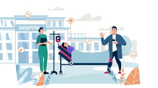 Animated hospital emergency care team treating patient on stretcher