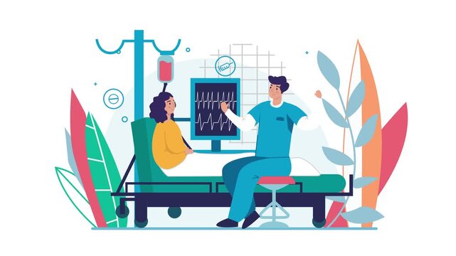 Animated hospital treatment scene with doctor and patient in recovery