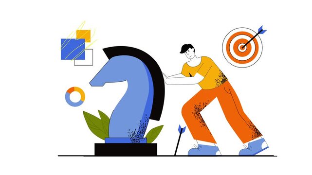 Animated illustration of man pushing growth arrow toward target