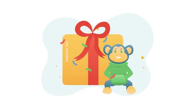 Cute monkey with gift box and confetti festive birthday animation