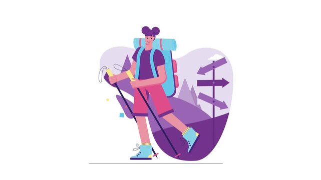 Animated female hiker with backpack and trekking poles in mountain trail