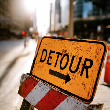 Detour road sign on city street, traffic redirection and roadwork concept