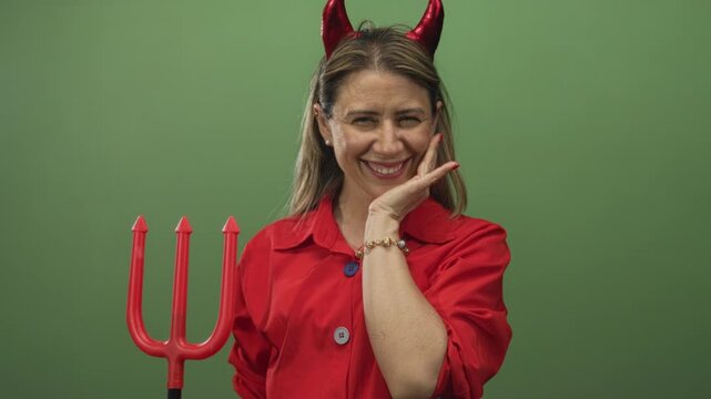 Woman wearing red devil horns holding red pitchfork and hand on cheek for toothache in green studio; playfulness.