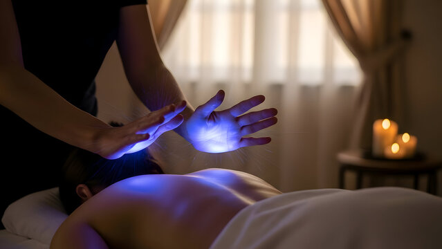 Spiritual healing hands a person receiving reiki therapy with blue light energy