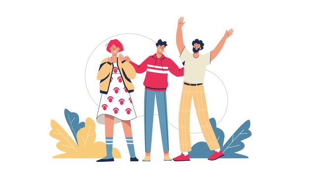 Animated cheerful diverse friends standing together with decorative leaves