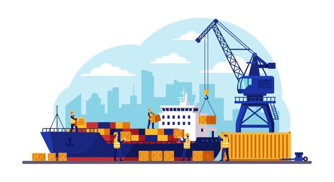 Cargo ship being loaded with containers by crane and workers.