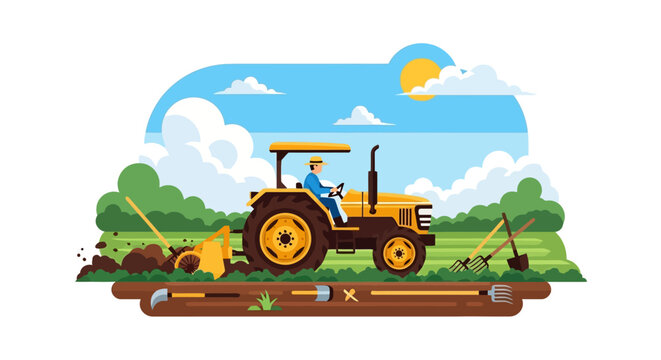 Farmer operating a yellow tractor plowing field under sunny sky.