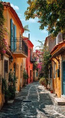 Fototapeta premium Charming narrow cobblestone street lined with vibrant houses, blooming flowers and shutters in sunny Mediterranean village setting.